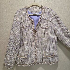 Spring Jacket/Blazer Women's Chico's Size 3 Beige & Lilac Tweed Raw Hem